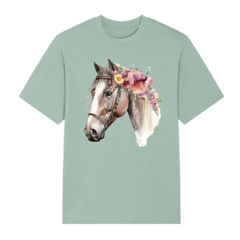 Kid's Teal Horse Flower Cotton T-shirt